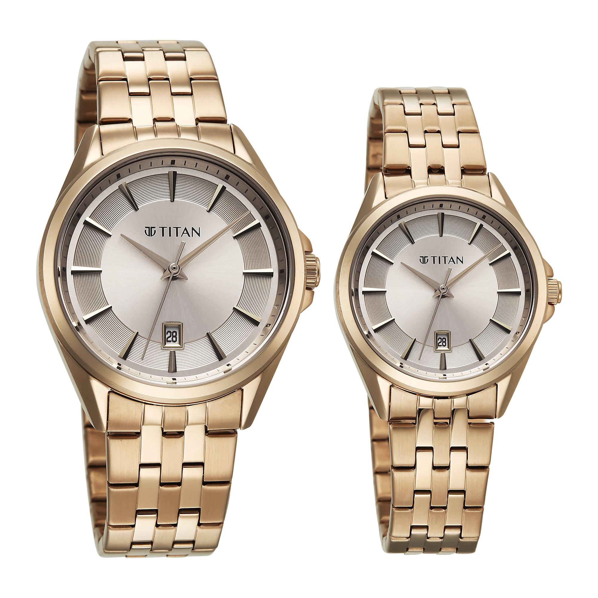 Titan Rose Gold Dial Stainless Steel Strap Analog with Date Watch for Couple