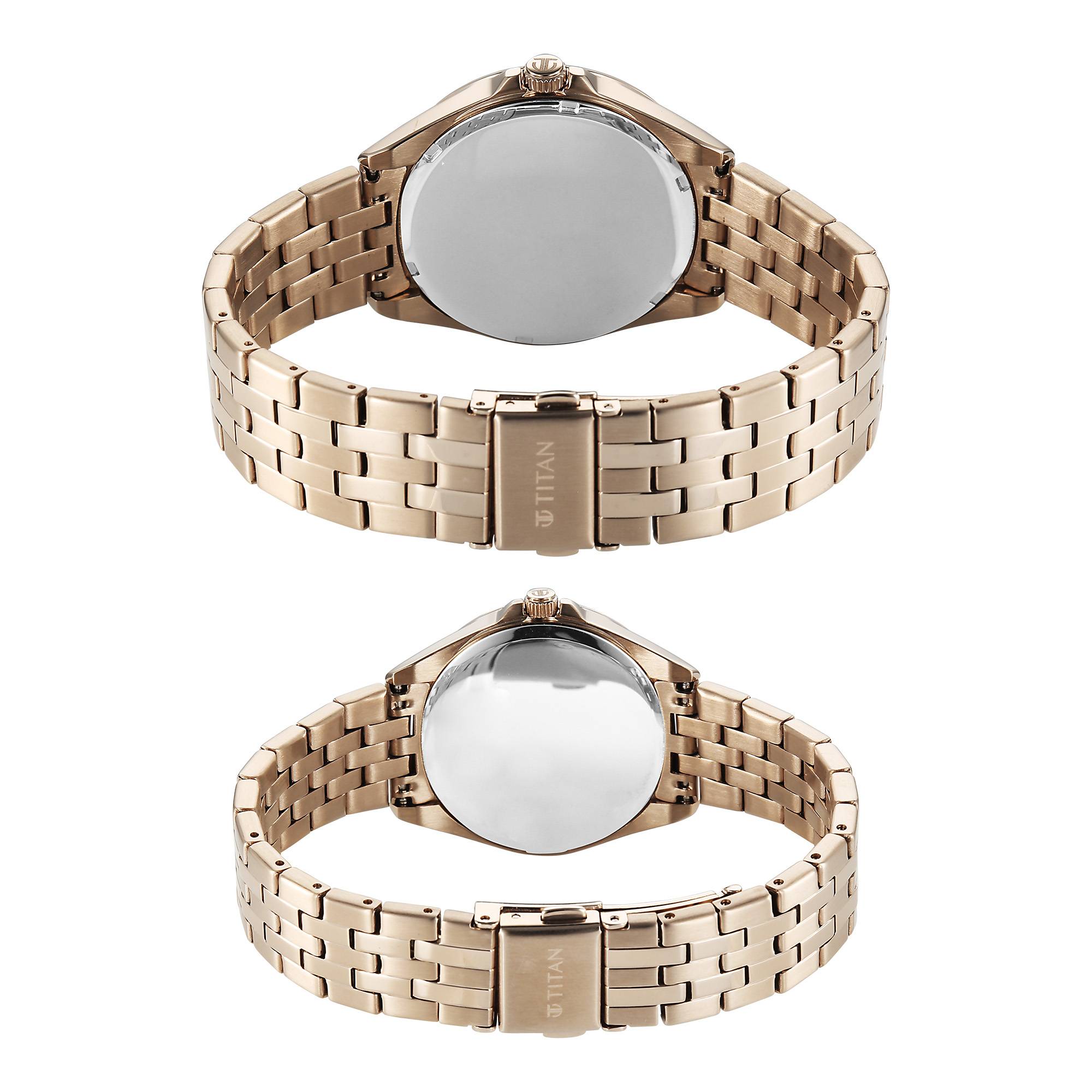 Titan Rose Gold Dial Stainless Steel Strap Analog with Date Watch for Couple