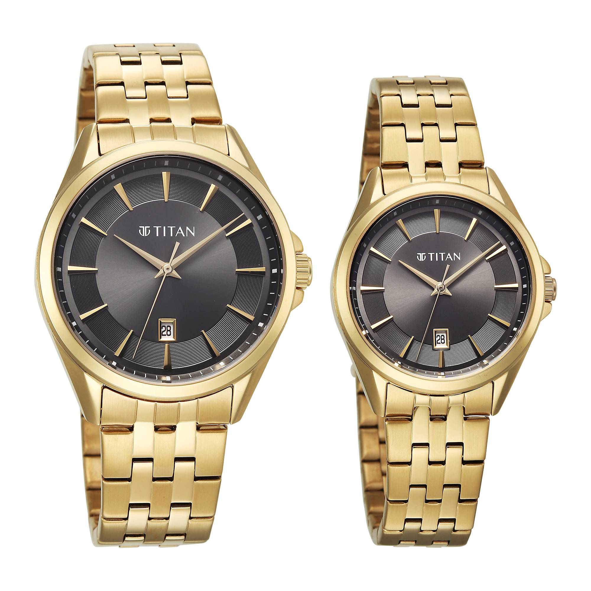 Titan Black Dial Gold Stainless Steel Strap Analog with Date Watch for Couple