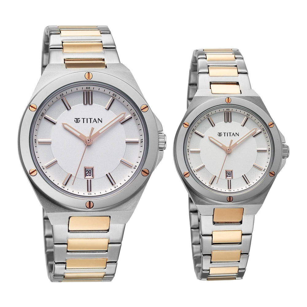 Titan White Dial Two Toned Stainless Steel Strap Analog with Date Watch for Couple