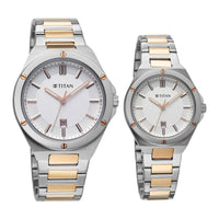 Titan White Dial Two Toned Stainless Steel Strap Analog with Date Watch for Couple