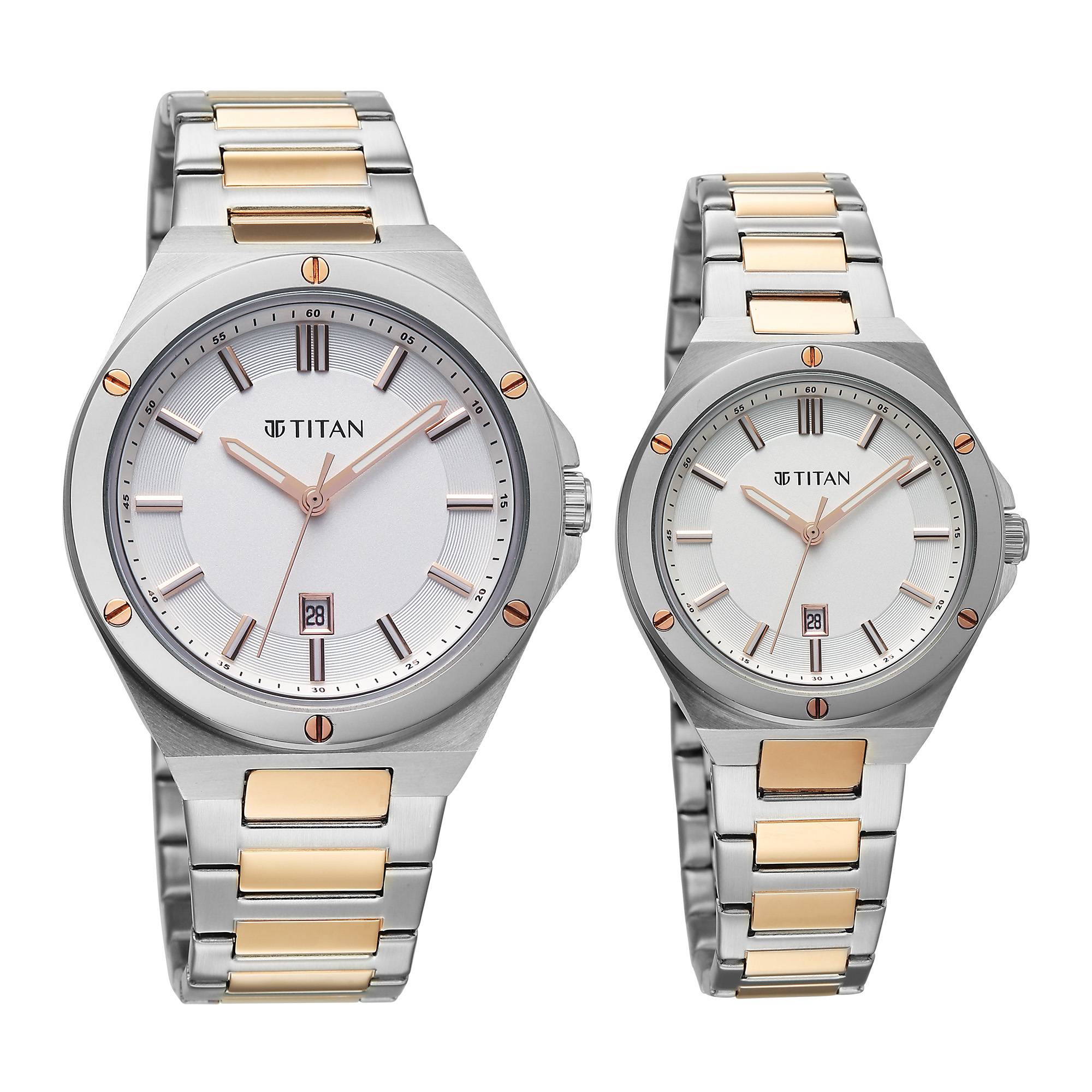Titan White Dial Two Toned Stainless Steel Strap Analog with Date Watch for Couple