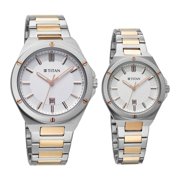 Titan White Dial Two Toned Stainless Steel Strap Analog with Date Watch for Couple