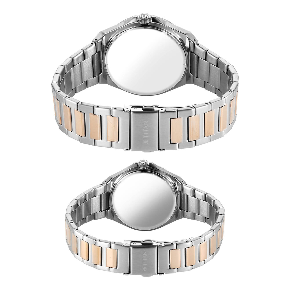 Titan White Dial Two Toned Stainless Steel Strap Analog with Date Watch for Couple