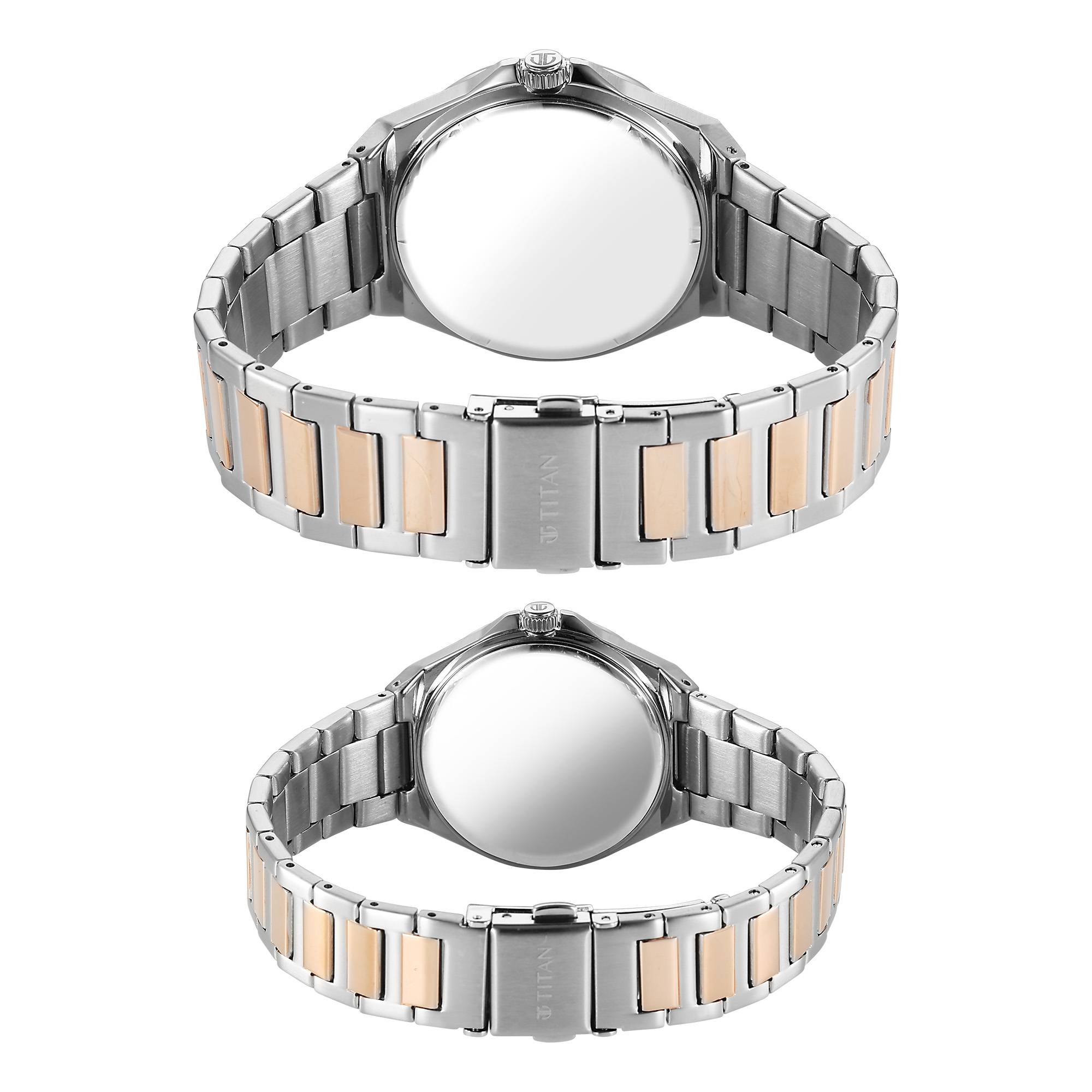 Titan White Dial Two Toned Stainless Steel Strap Analog with Date Watch for Couple