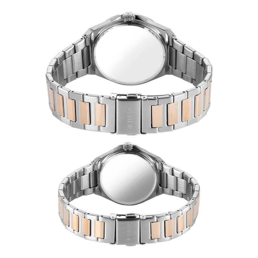 Titan White Dial Two Toned Stainless Steel Strap Analog with Date Watch for Couple