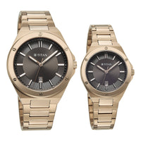 Titan Black Dial Gold Stainless Steel Strap Analog with Date Watch for Couple