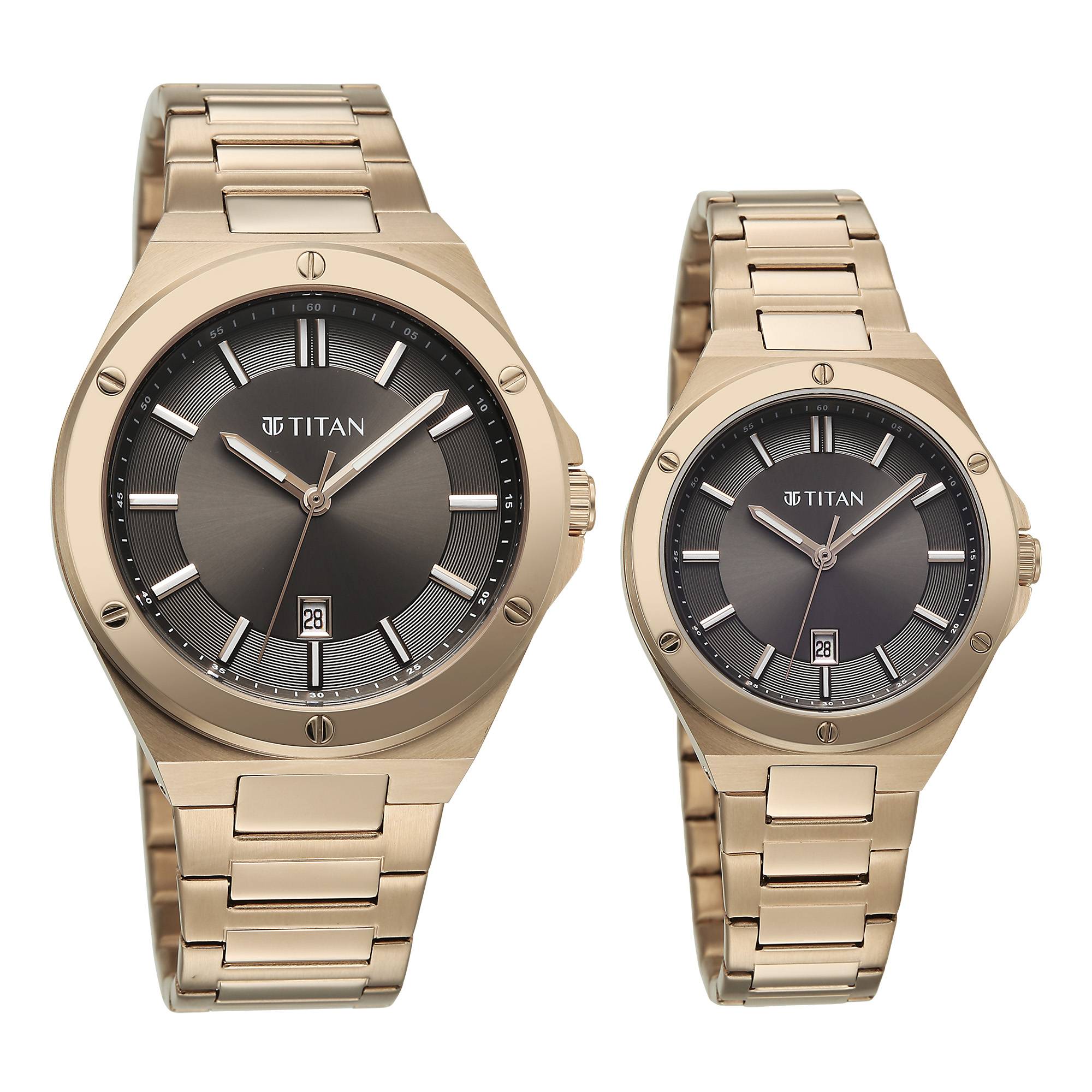 Titan Black Dial Gold Stainless Steel Strap Analog with Date Watch for Couple