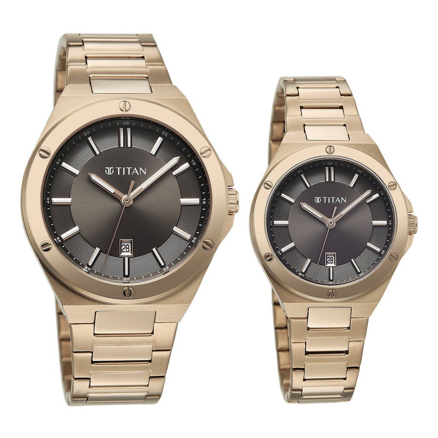 Titan Black Dial Gold Stainless Steel Strap Analog with Date Watch for Couple