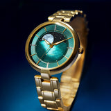 Titan Green Dial Gold Stainless Steel Strap Analog with Moon Phase Watch For Women