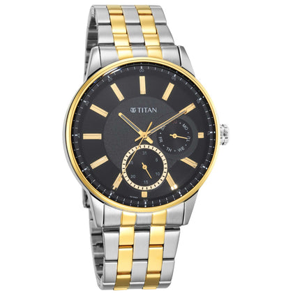 Titan Regalia Opulent Multifunction Black Round Dial Two Toned Stainless Steel Strap Watch For Men