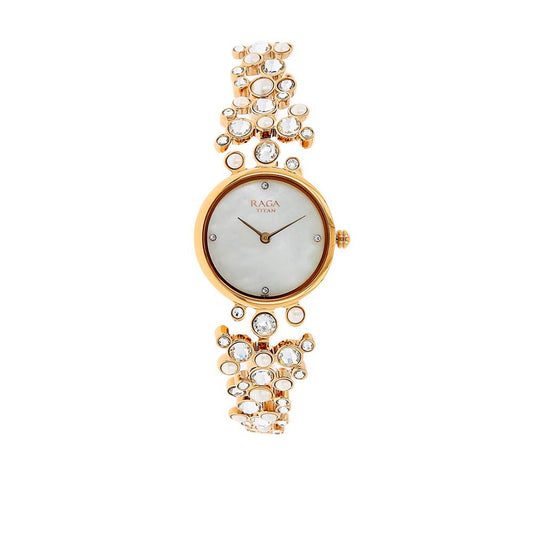 Titan Raga Mother of Pearl Dial Gold Metal Strap Analog Watch for Women