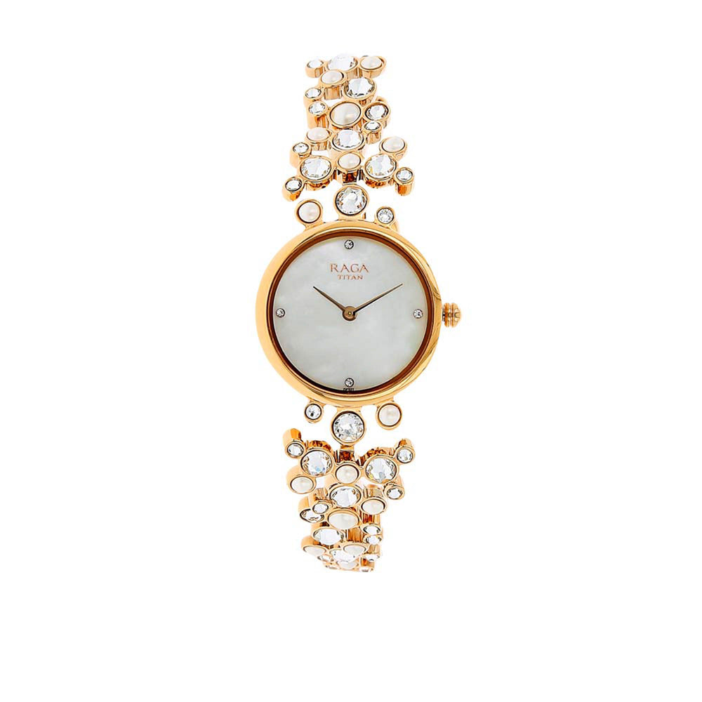 Titan Raga Mother of Pearl Dial Gold Metal Strap Analog Watch for Women