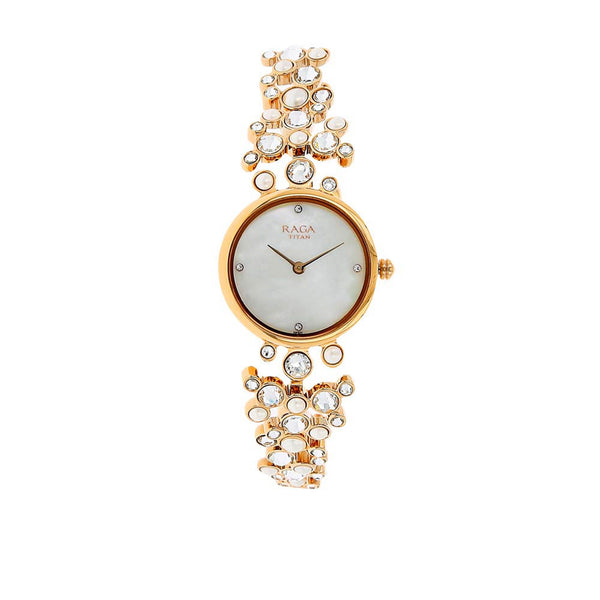 Titan Raga Mother of Pearl Dial Gold Metal Strap Analog Watch for Women