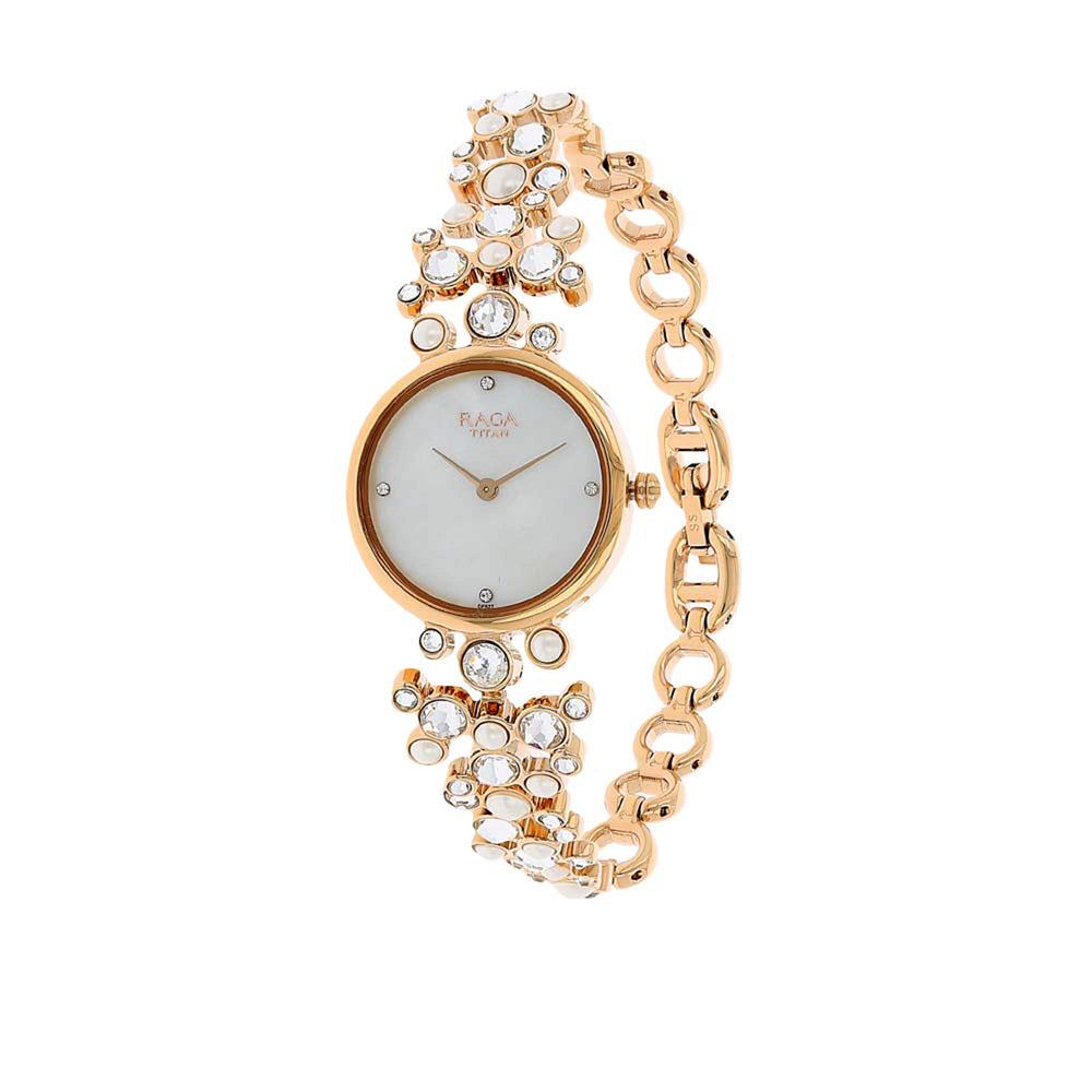 Titan Raga Mother of Pearl Dial Gold Metal Strap Analog Watch for Women