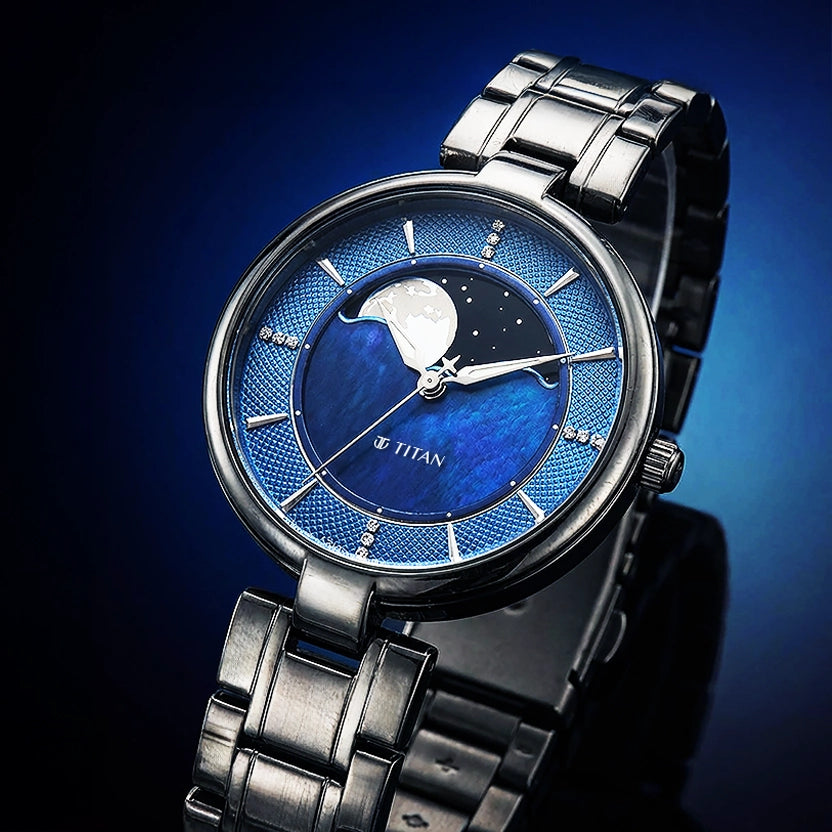 Titan Blue Dial Grey Stainless Steel Strap Analog with Moon Phase Watch For Women