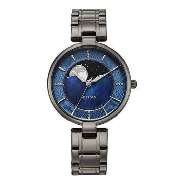 Titan Blue Dial Grey Stainless Steel Strap Analog with Moon Phase Watch For Women