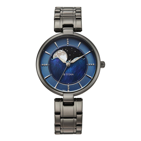 Titan Blue Dial Grey Stainless Steel Strap Analog with Moon Phase Watch For Women