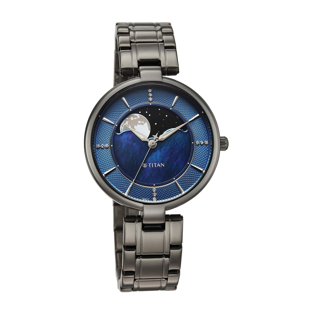 Titan Blue Dial Grey Stainless Steel Strap Analog with Moon Phase Watch For Women