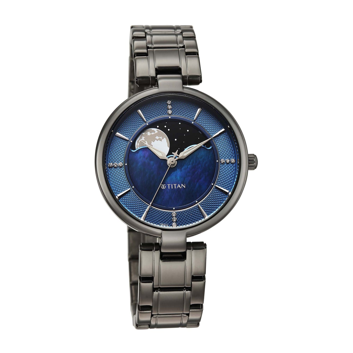 Titan Blue Dial Grey Stainless Steel Strap Analog with Moon Phase Watch For Women