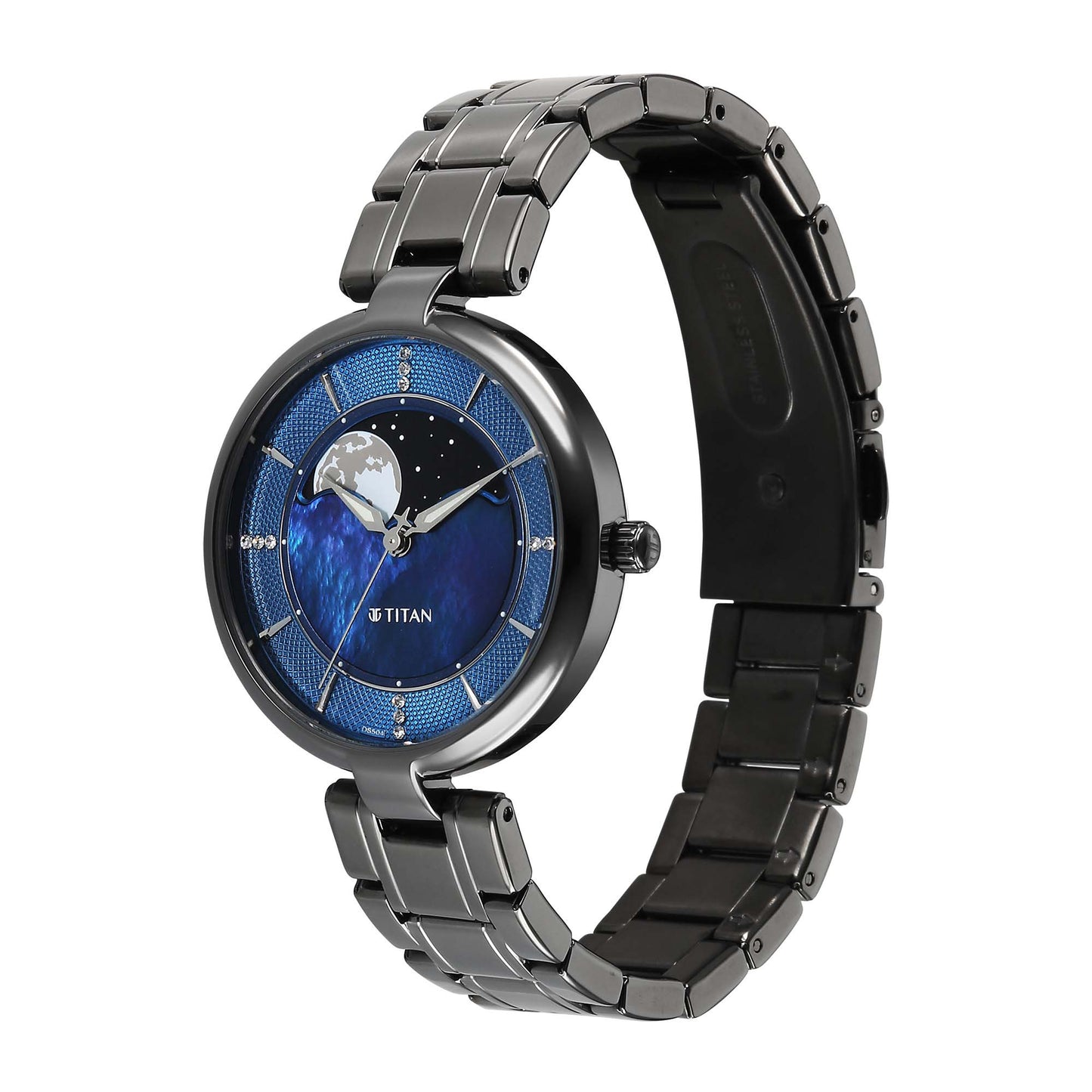Titan Blue Dial Grey Stainless Steel Strap Analog with Moon Phase Watch For Women