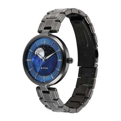 Titan Blue Dial Grey Stainless Steel Strap Analog with Moon Phase Watch For Women
