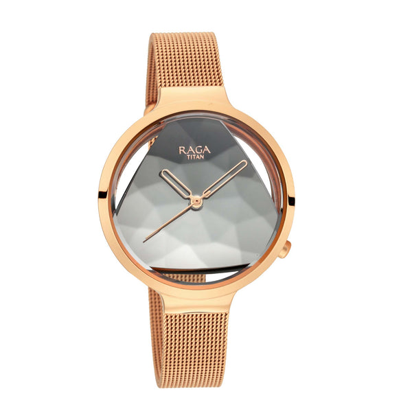 Titan Raga Silver Dial Rose Gold Metal Strap Analog Watch for Women