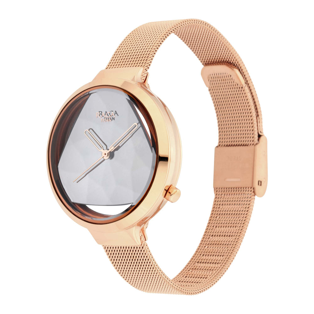 Titan Raga Silver Dial Rose Gold Metal Strap Analog Watch for Women