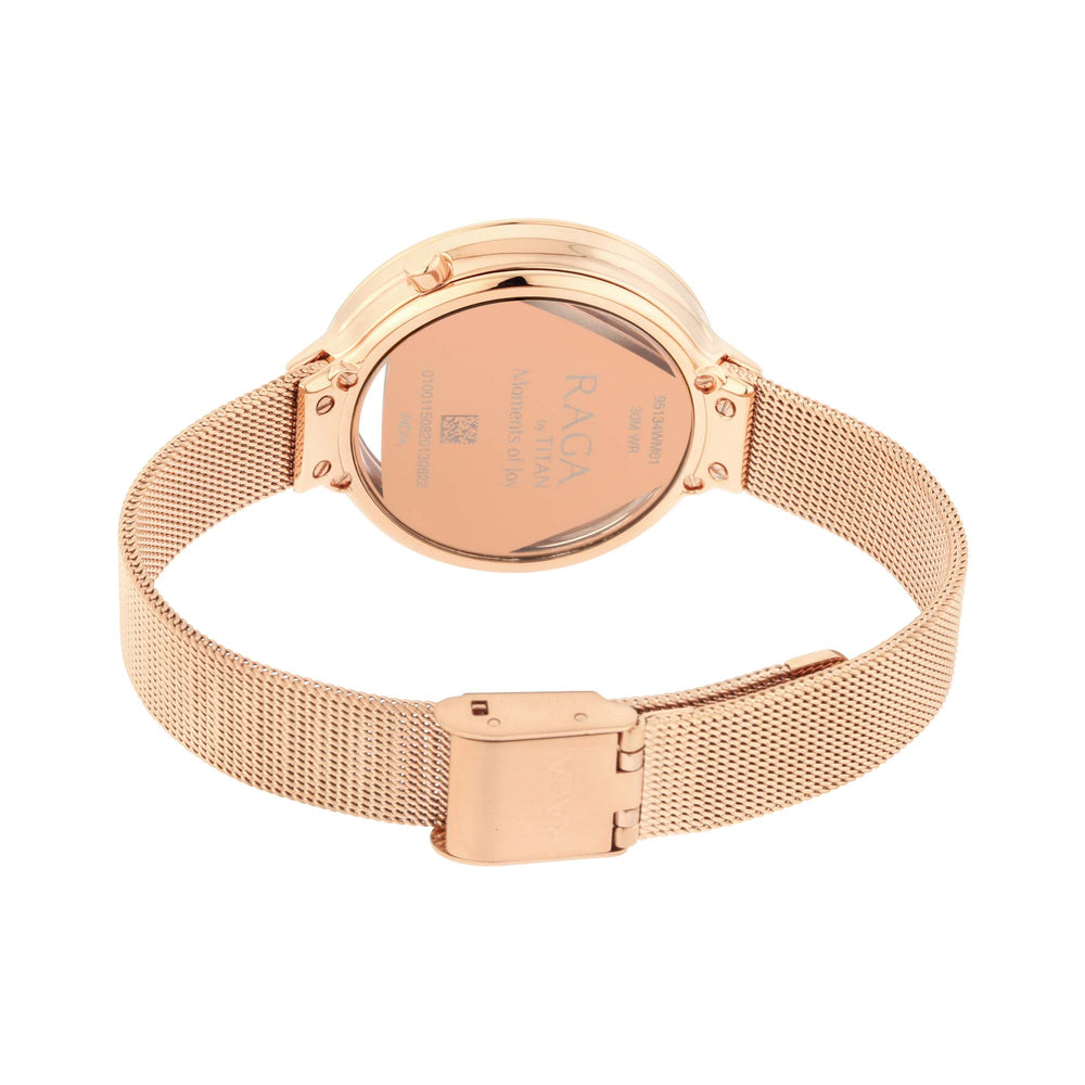 Titan Raga Silver Dial Rose Gold Metal Strap Analog Watch for Women