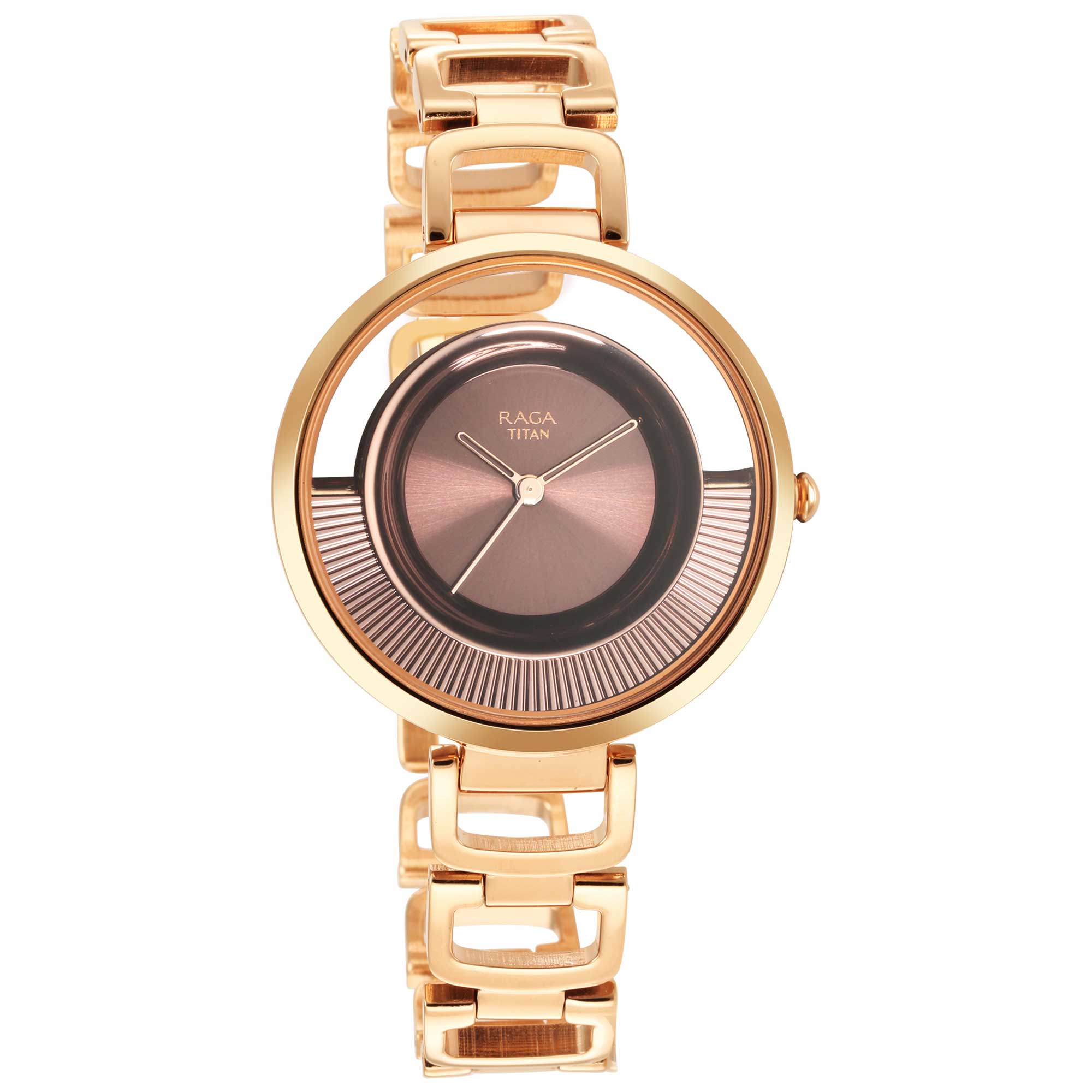 Titan Raga Brown Dial Rose Gold Metal Strap Analog Watch for Women