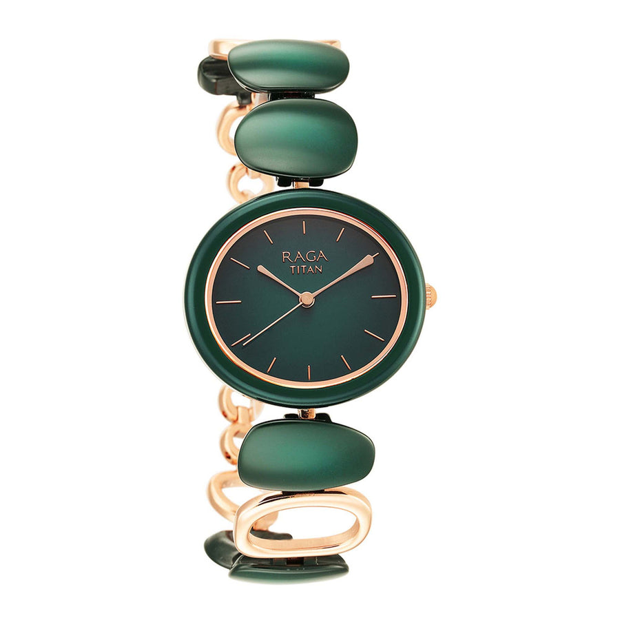 Titan Raga Ceramics Green Dial Analog Metal Strap Watch for Women