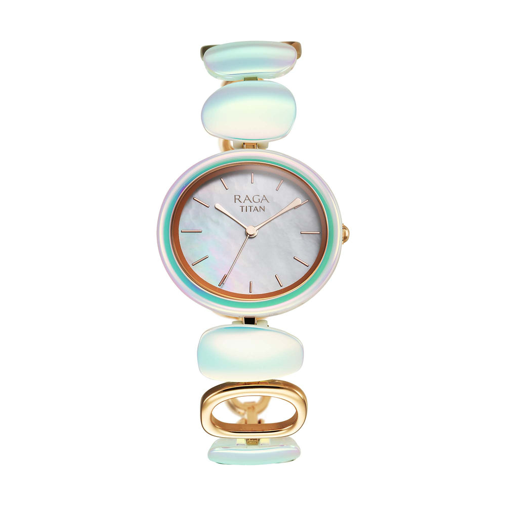 Titan Raga Mother Of Pearl Dial Two Toned Hybrid Strap Analog Watch for Women
