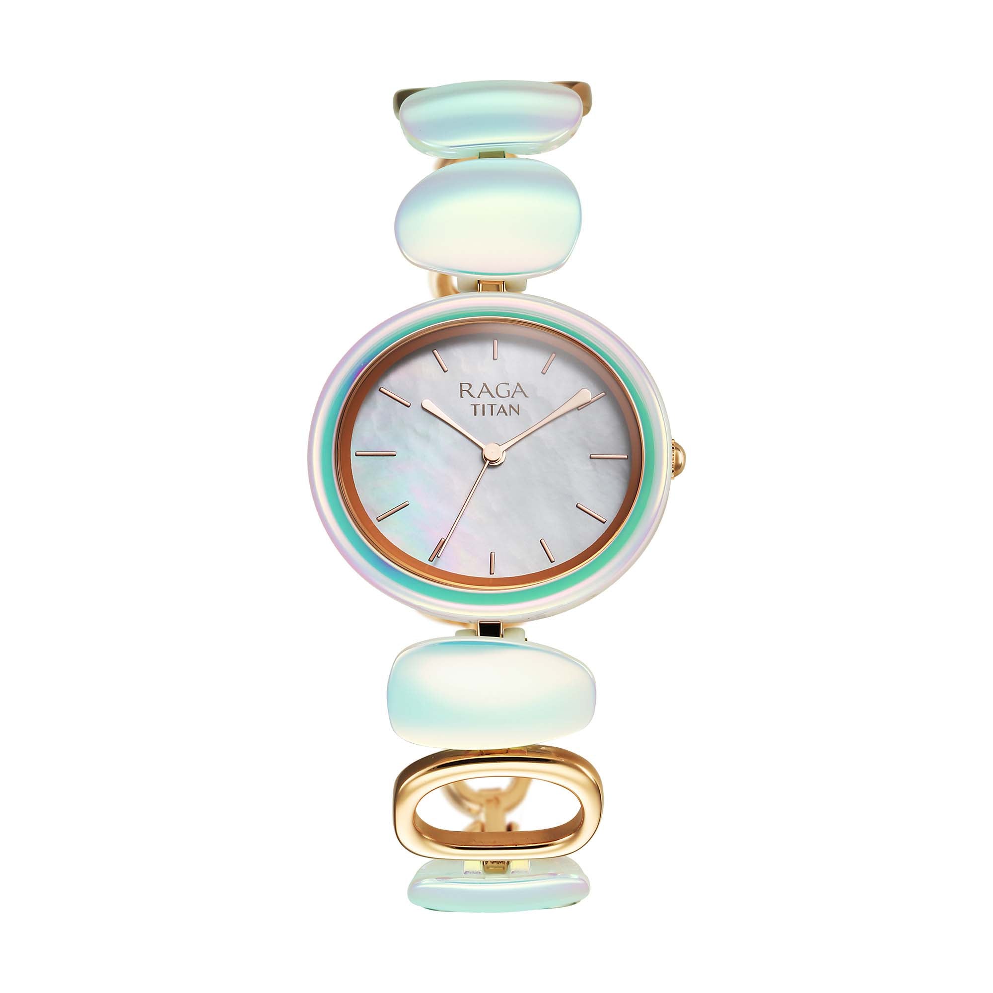Titan Raga Mother Of Pearl Dial Two Toned Hybrid Strap Analog Watch for Women