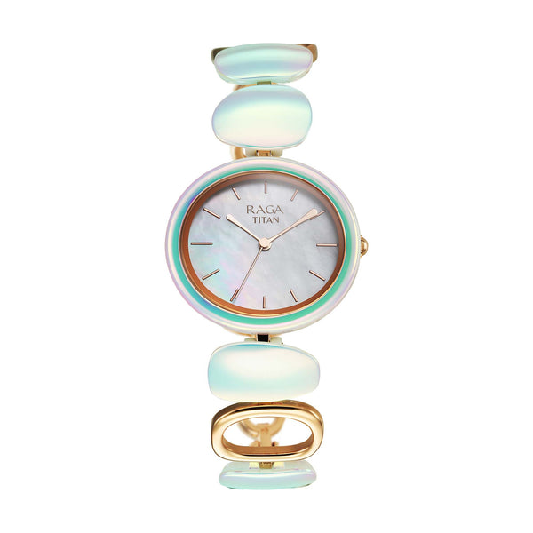 Titan Raga Mother Of Pearl Dial Two Toned Hybrid Strap Analog Watch for Women