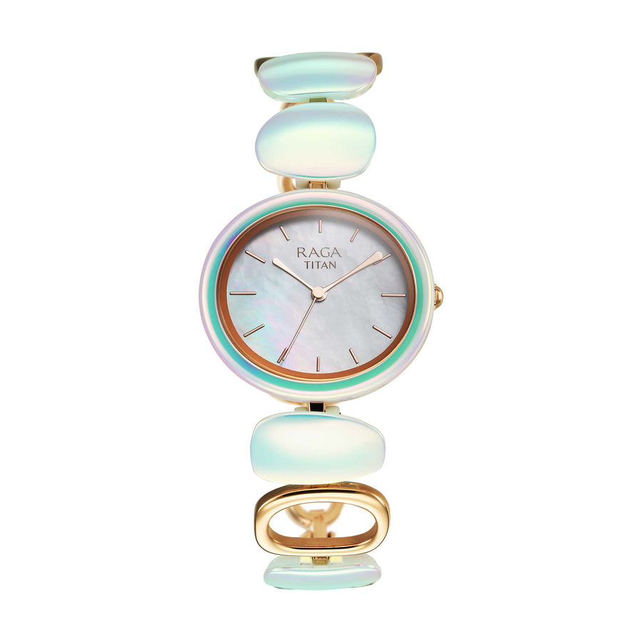 Titan Raga Mother Of Pearl Dial Two Toned Hybrid Strap Analog Watch for Women