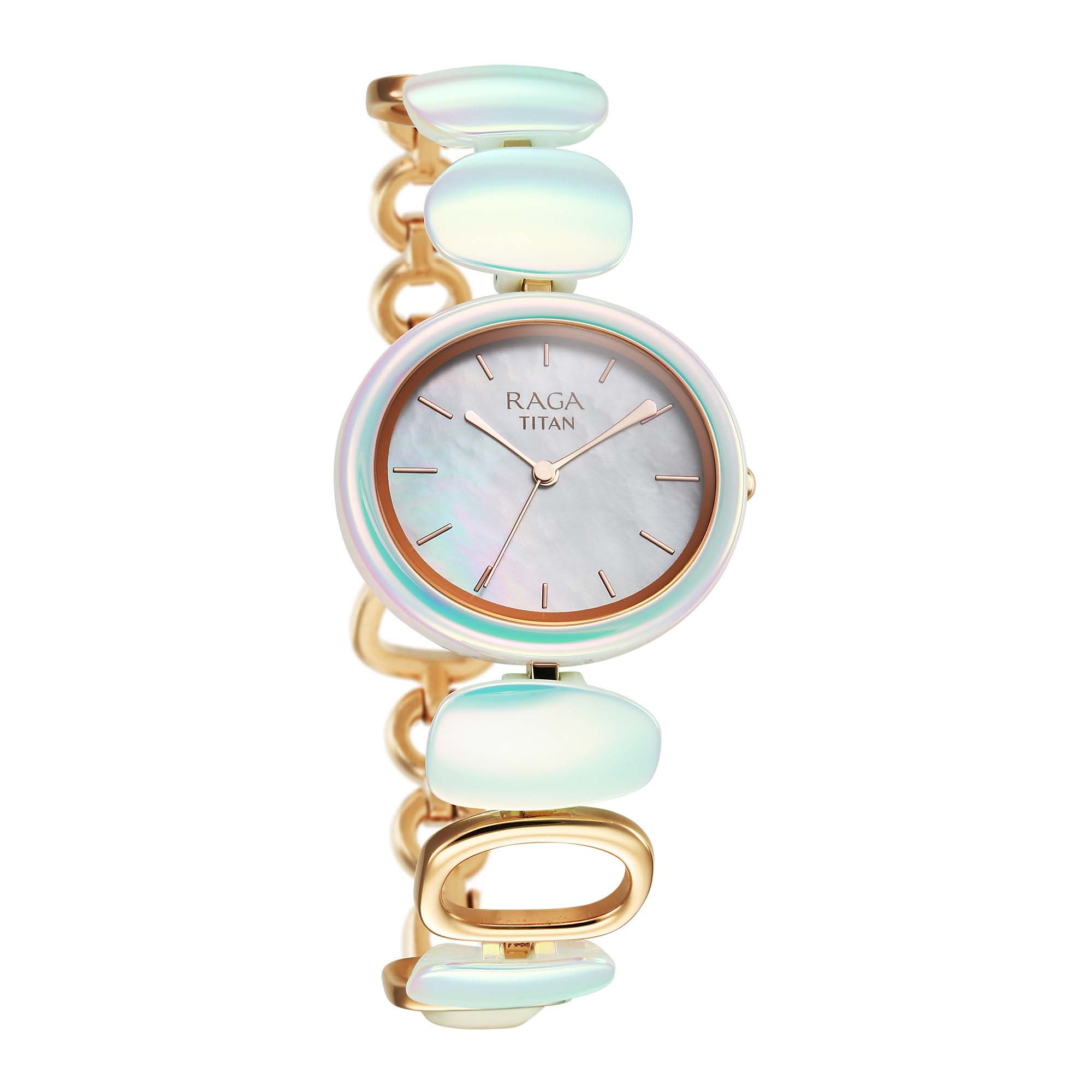 Titan Raga Mother Of Pearl Dial Two Toned Hybrid Strap Analog Watch for Women