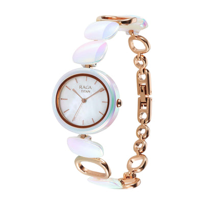 Titan Raga Mother Of Pearl Dial Two Toned Hybrid Strap Analog Watch for Women