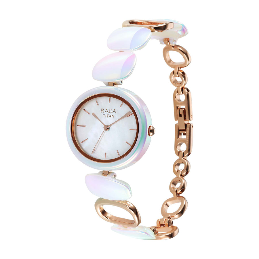 Titan Raga Mother Of Pearl Dial Two Toned Hybrid Strap Analog Watch for Women
