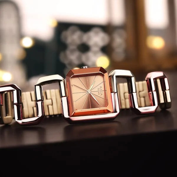 Titan Raga Rose Gold Square Dial Stainless Steel Strap Analog Watch for Women
