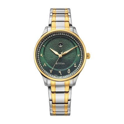 Titan Green Dial Two Toned Stainless Steel Strap Analog with Date Watch For Women