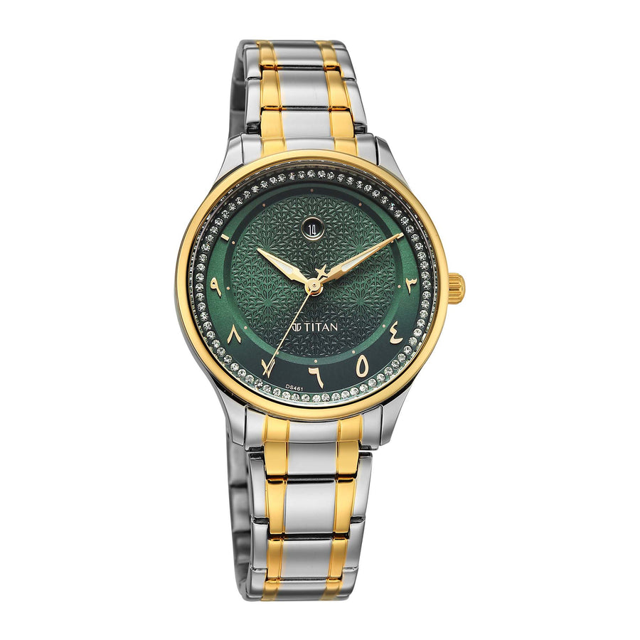 Titan Green Dial Two Toned Stainless Steel Strap Analog with Date Watch For Women