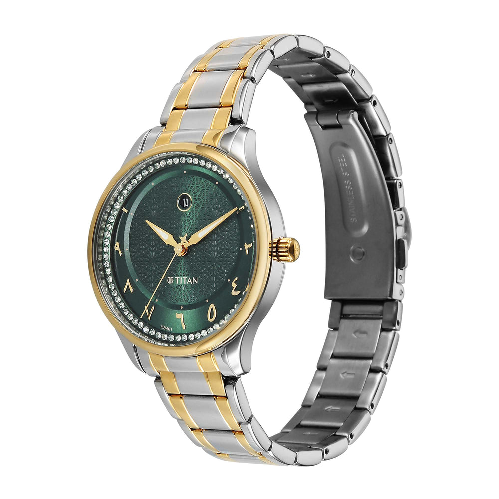Titan Green Dial Two Toned Stainless Steel Strap Analog with Date Watch For Women