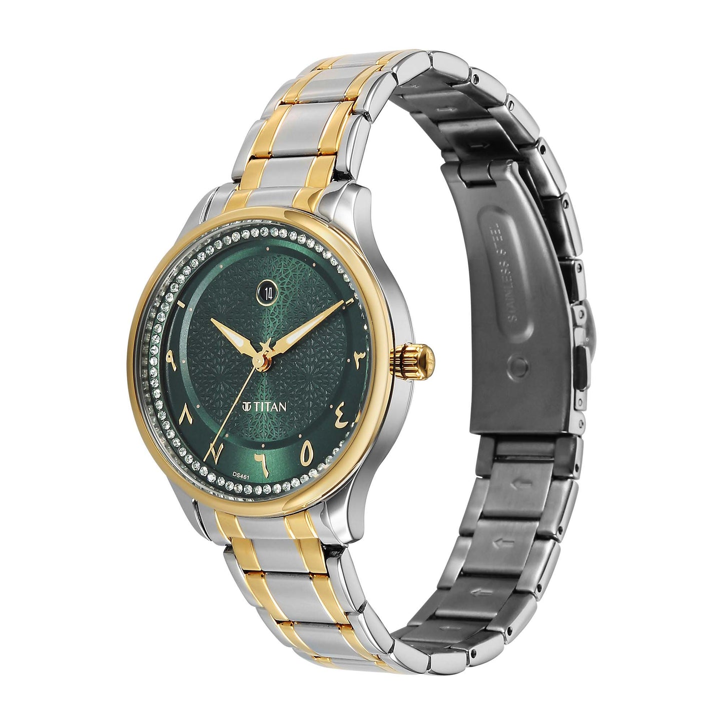 Titan Green Dial Two Toned Stainless Steel Strap Analog with Date Watch For Women