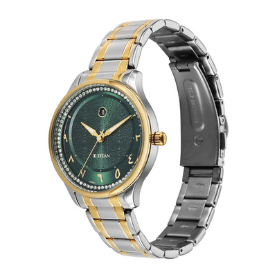 Titan Green Dial Two Toned Stainless Steel Strap Analog with Date Watch For Women