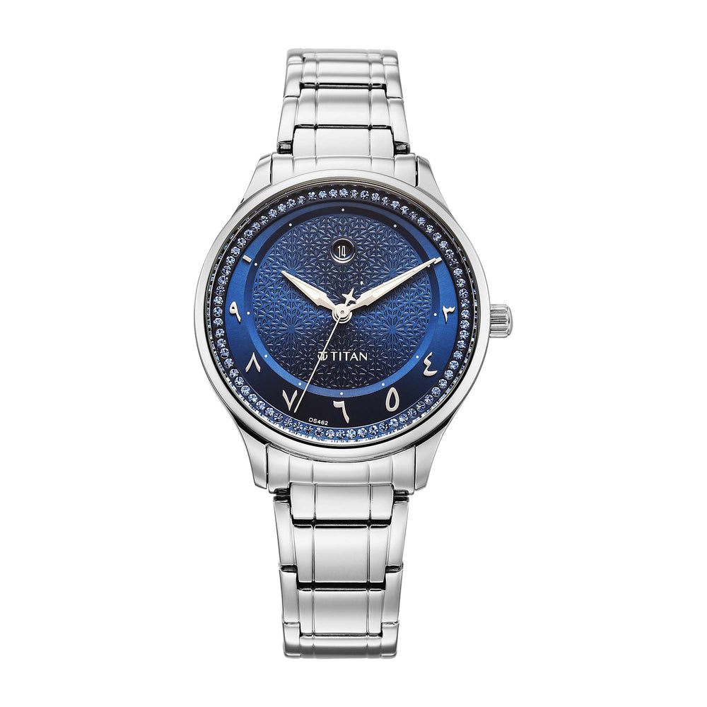 Titan Blue Dial Silver Stainless Steel Strap Analog with Date Watch For Women