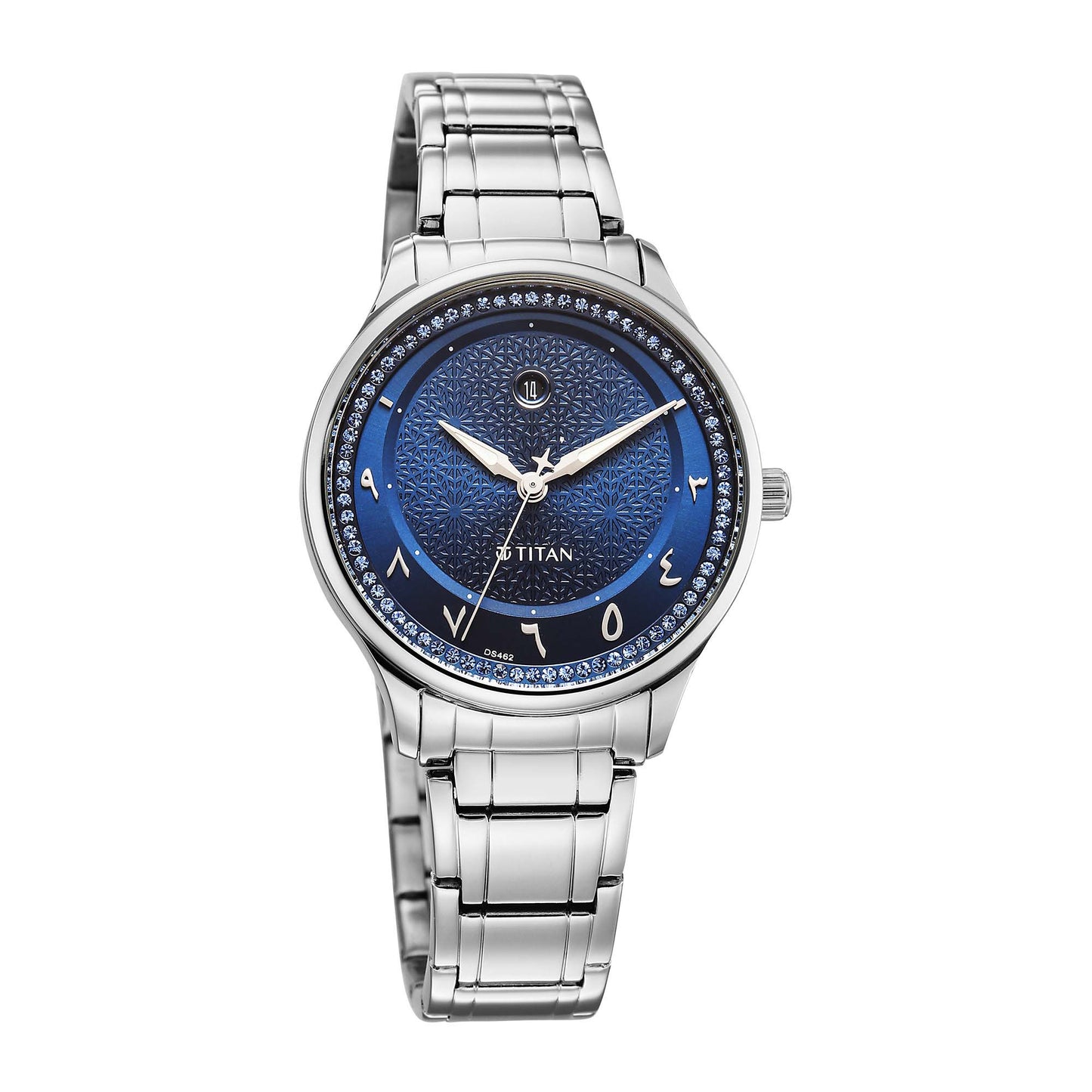 Titan Blue Dial Silver Stainless Steel Strap Analog with Date Watch For Women
