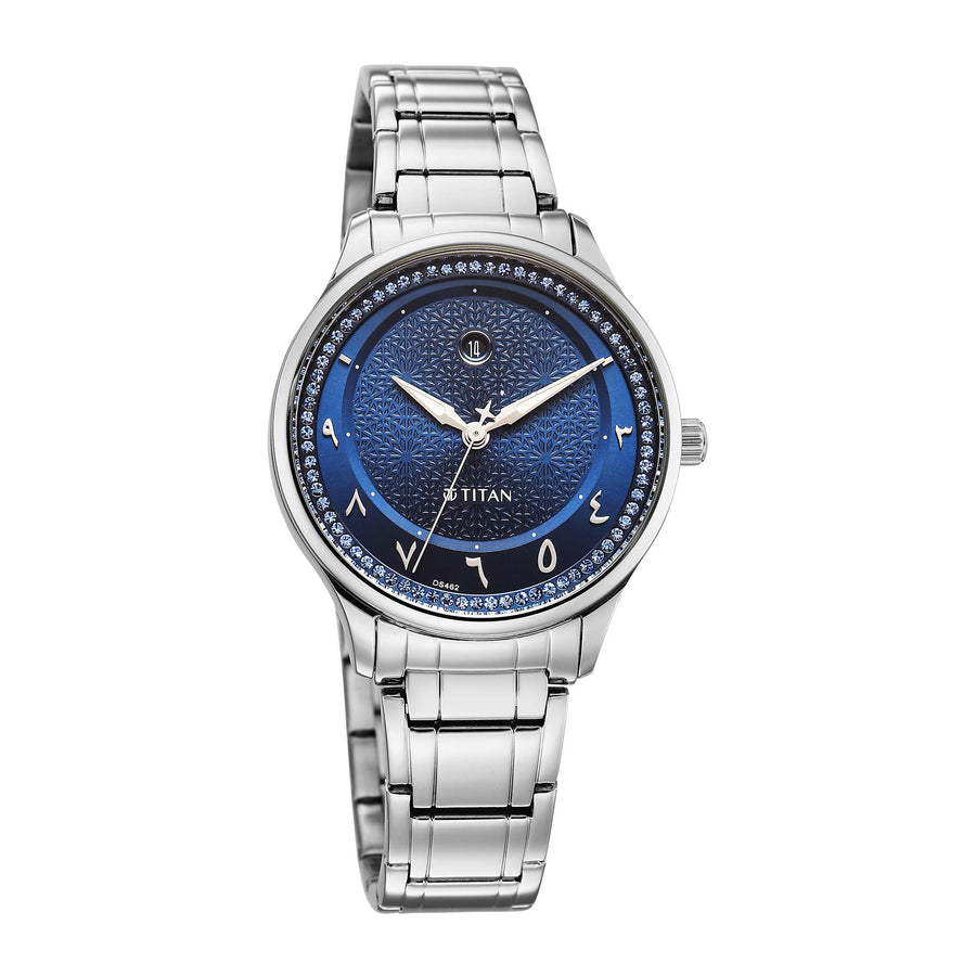 Titan Blue Dial Silver Stainless Steel Strap Analog with Date Watch For Women