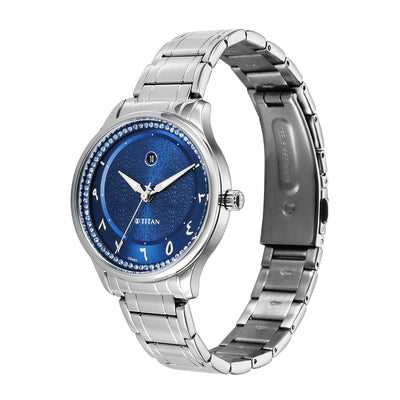 Titan Blue Dial Silver Stainless Steel Strap Analog with Date Watch For Women