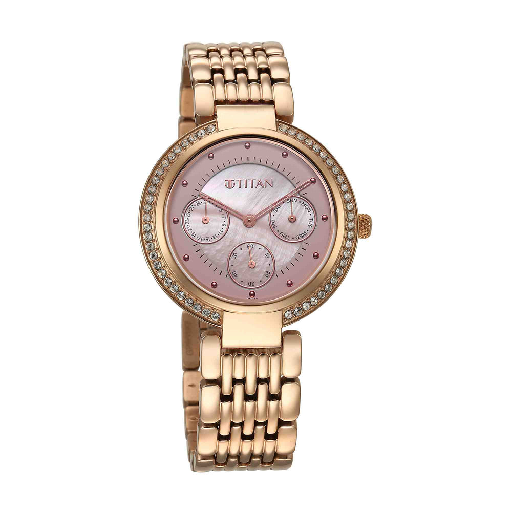 Titan Pink Dial Rose Gold Metal Strap Analog Quartz Watch for Women