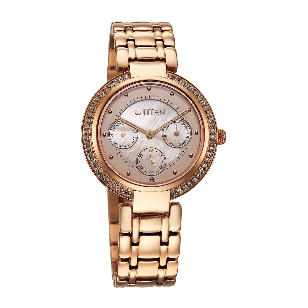 Titan Off White Dial Rose Gold Metal Strap Analog Quartz Watch for Women